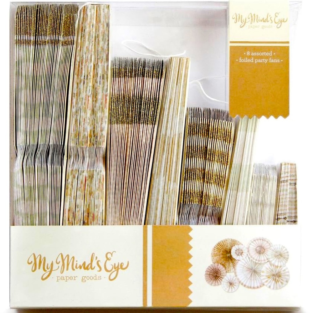 My Mind's Eye Vintage Style Party Fans, 8 Count, Gold
